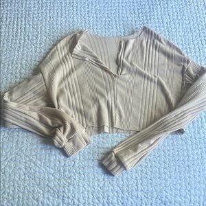 Cream Ribbed Crop Blouse with Sailor Collar